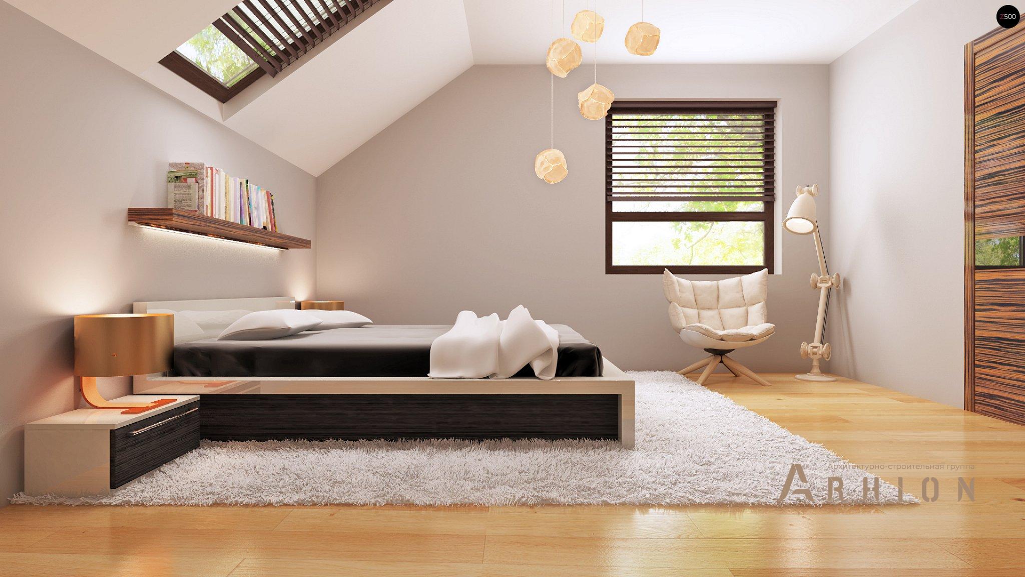 7. Проект одноэтажного дома в европейском стиле с двускатной кровлей, Z79 GP, площадью - 165 кв c мансардой, терассой, гаражом